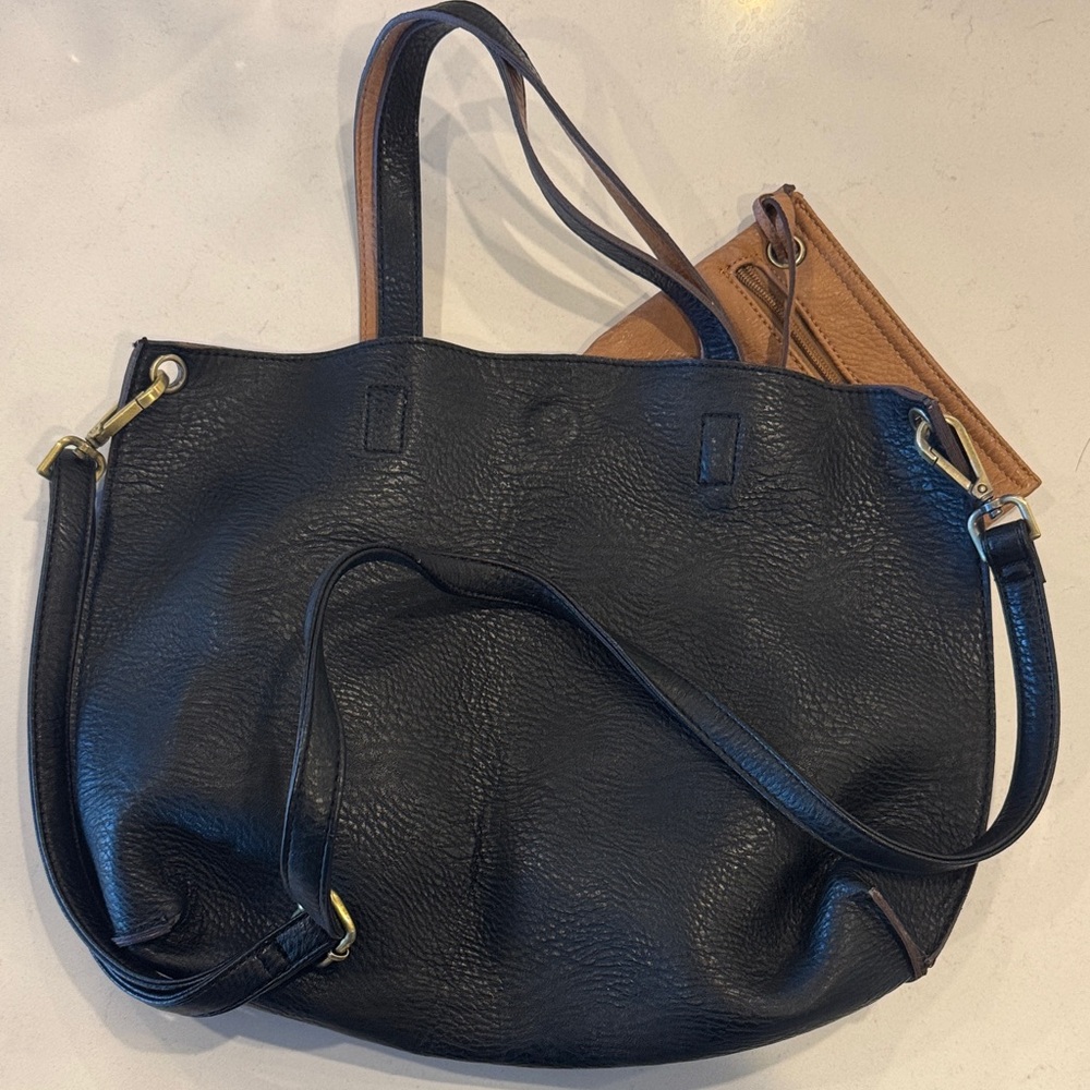 Street Level Reversible Black Brown Leather Tote Bag Magnetic Closure Small Med